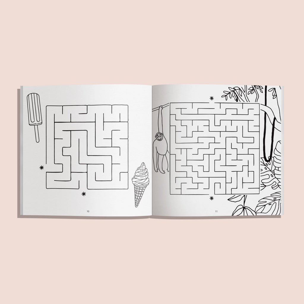 Over 100 mazes for kids to do | ages 4-8 years | 9"x 9" book | 120 pages | great for creativity and critical thinking | example