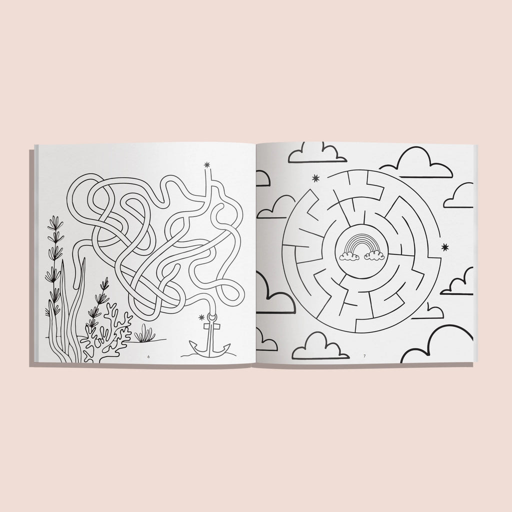 Over 100 mazes for kids to do | ages 4-8 years | 9"x 9" book | 120 pages | great for creativity and critical thinking | example pages
