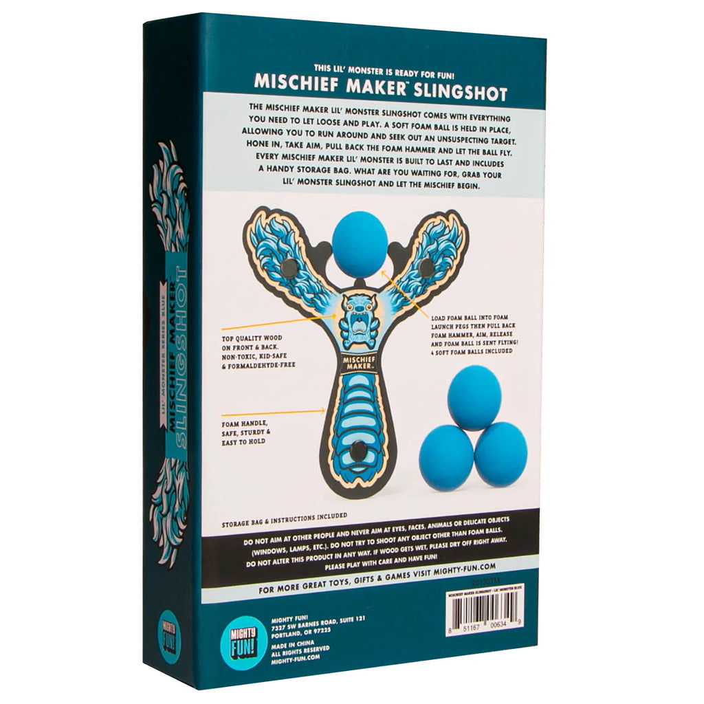 Blue Lil' Monster Mischief Maker Slingshot for Kids 4+ | Lightweight Foam Balls | Wooden slingshot | Carrying bag included | Fun for Whole Family