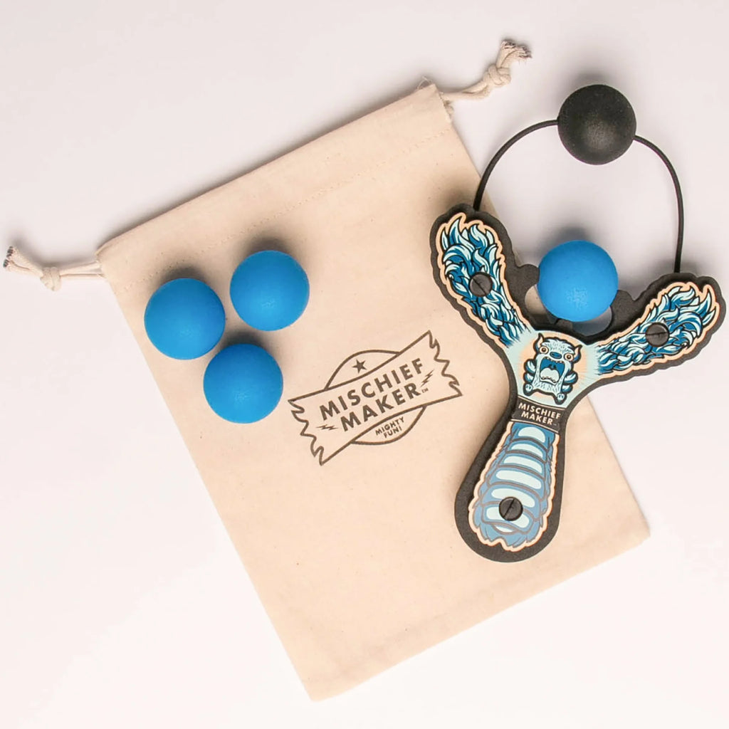 Blue Lil' Monster Mischief Maker Slingshot for Kids 4+ | Lightweight Foam Balls | Wooden slingshot | Carrying bag included | Fun for Whole Family
