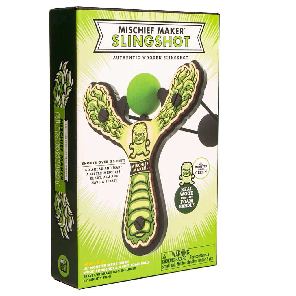 Green Lil' Monster Mischief Maker Slingshot for Kids 4+ | Lightweight Foam Balls | Wooden slingshot | Carrying bag included | Fun for Whole Family