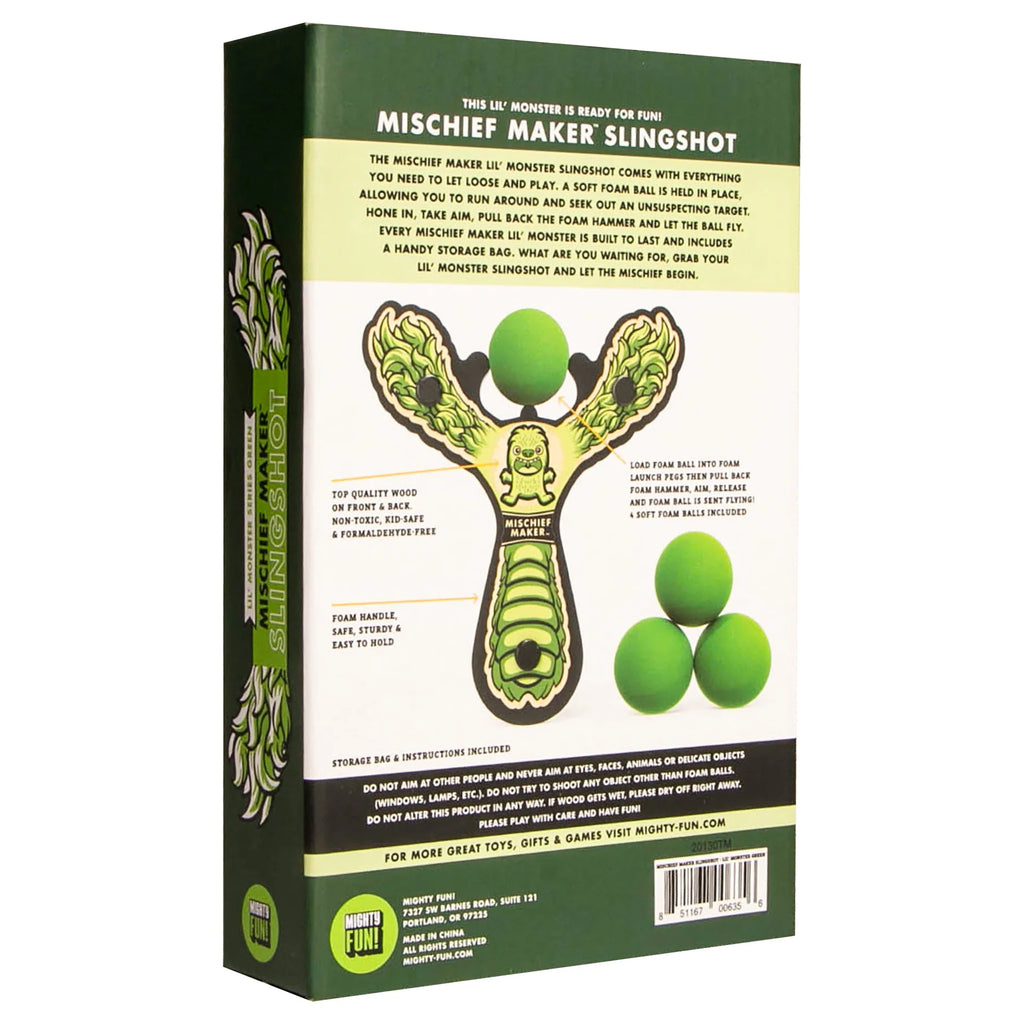 Green Lil' Monster Mischief Maker Slingshot for Kids 4+ | Lightweight Foam Balls | Wooden slingshot | Carrying bag included | Fun for Whole Family