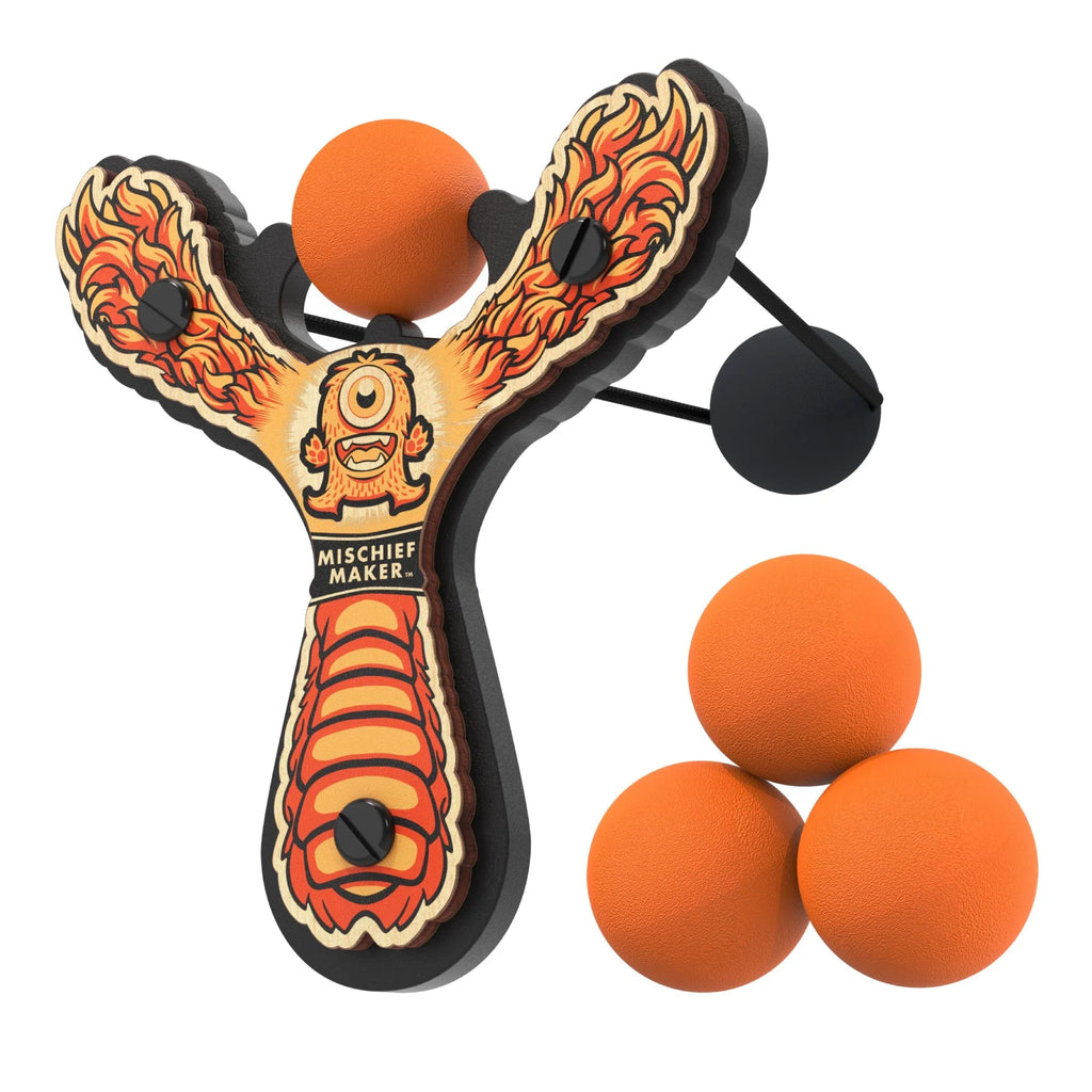 Orange Lil' Monster Mischief Maker Slingshot for Kids 4+ | Lightweight Foam Balls | Wooden slingshot | Carrying bag included | Fun for Whole Family