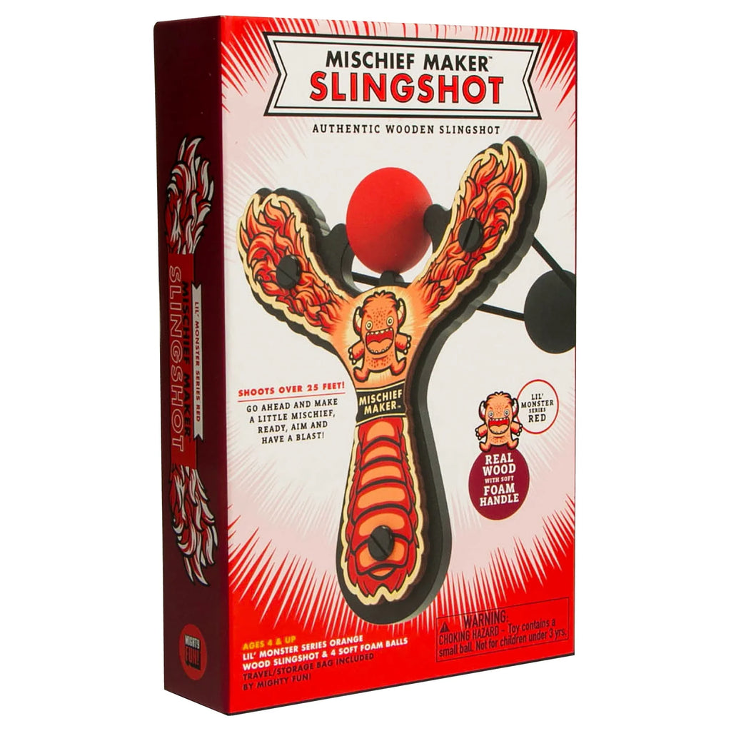 Red Lil' Monster Mischief Maker Slingshot for Kids 4+ | Lightweight Foam Balls | Wooden slingshot | Carrying bag included | Fun for Whole Family