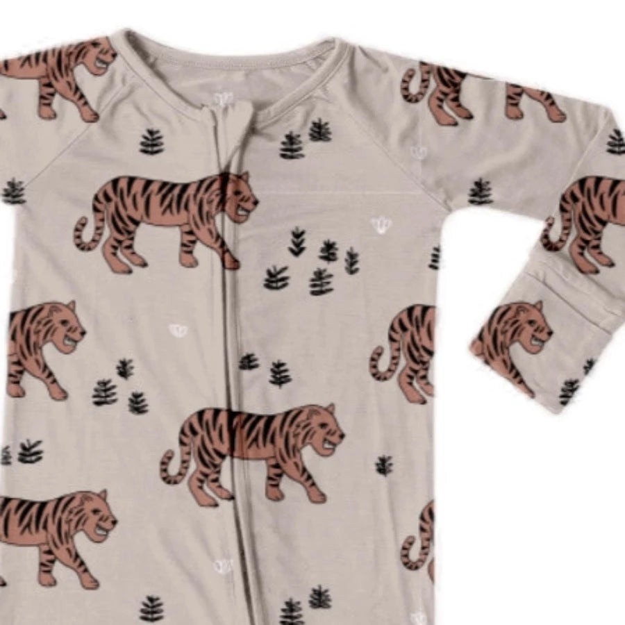 Tiger Print Bamboo Infant Sleeper with Foldover Cuffs at Wrist and Ankles | Zipup