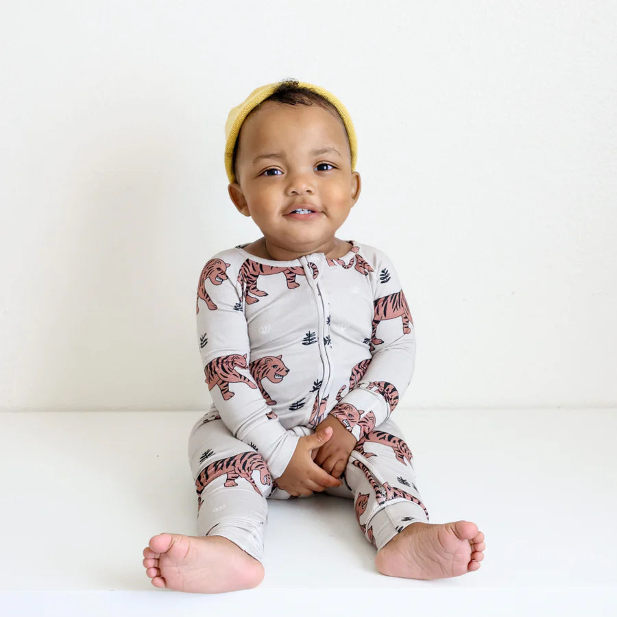 Tiger Print Bamboo Infant Sleeper with Foldover Cuffs at Wrist and Ankles | Zipup