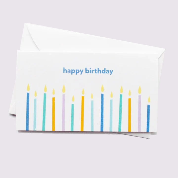 Greeting card with colorful candles and 'happy birthday' text on a white background. Under 3.5" wide/high