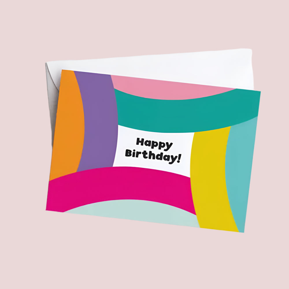 Colorful birthday card with 'Happy Birthday!' text on a white background. under 3.5" wide/high