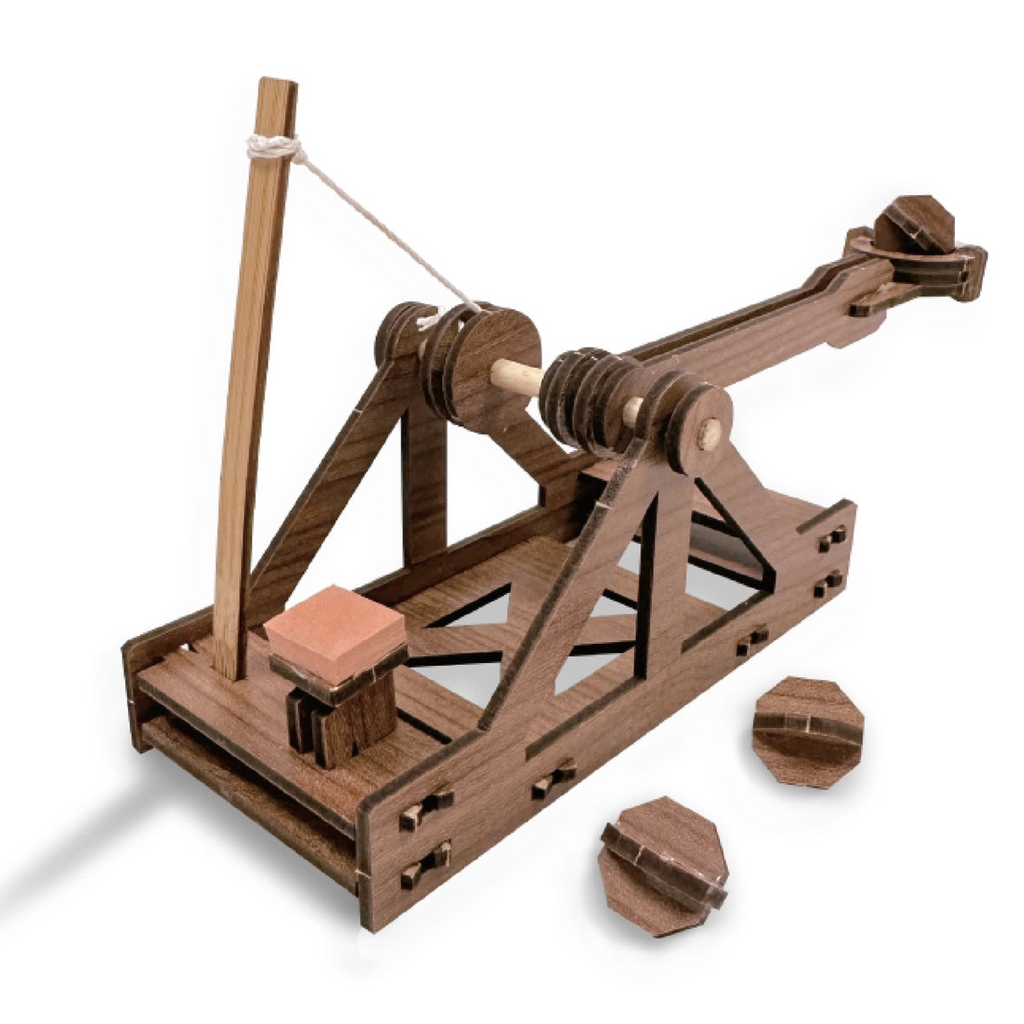 Build a mini catapult | A historic replica of Leonardo Da Vinci’s design | ages 8 and up | teaches simple machine design | Estimate 30 minute  build time | 7"x2.5"x3.5" build