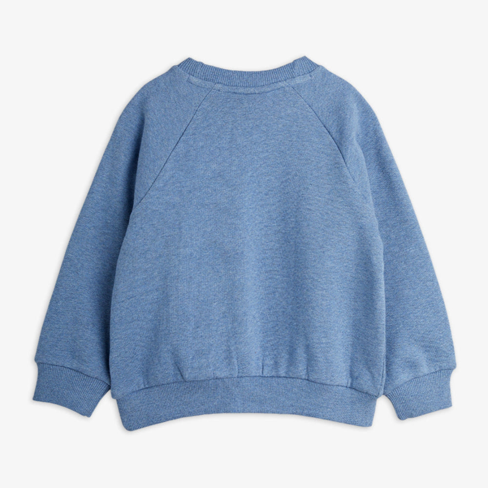 Orgnaic cotton melange blue sweatshirt | raglan sleeves | ribbing at neck/wrist/waist  |large panther graphic on front | back of shirt