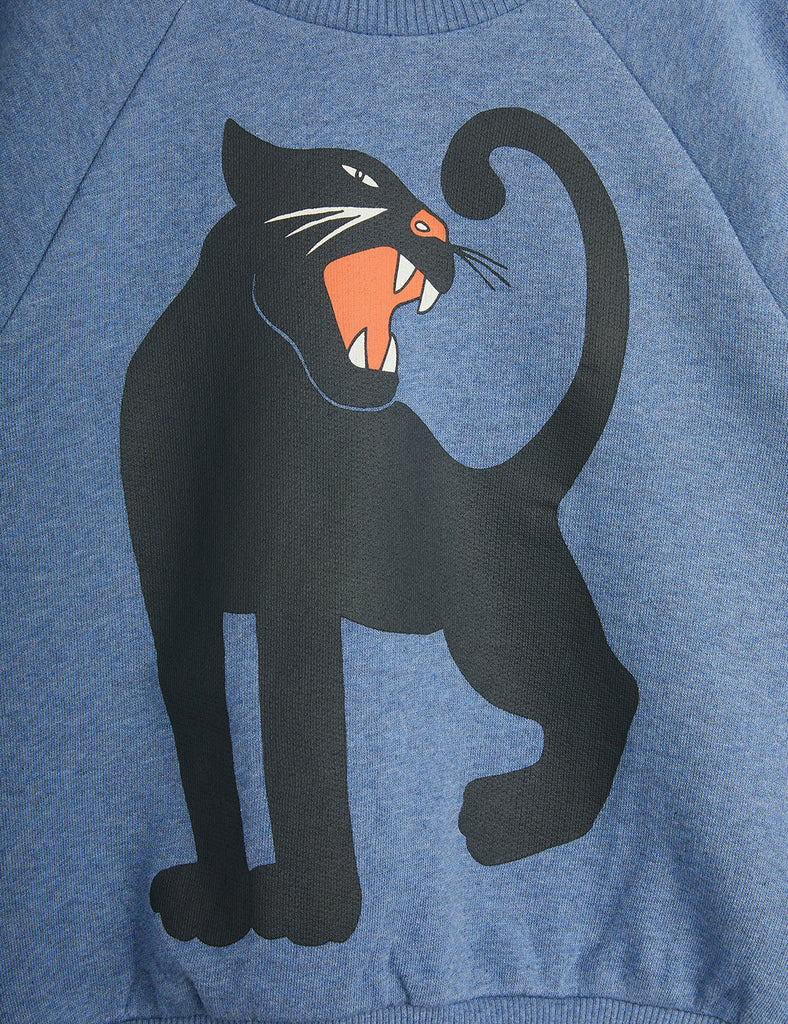 Orgnaic cotton melange blue sweatshirt | raglan sleeves | ribbing at neck/wrist/waist  |large panther graphic on front |  graphic closeup