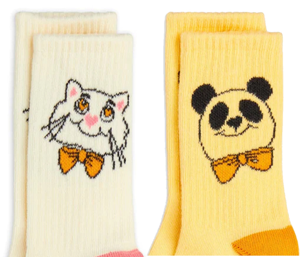 Two pairs of socks with cat and panda designs | 80% organic cotton