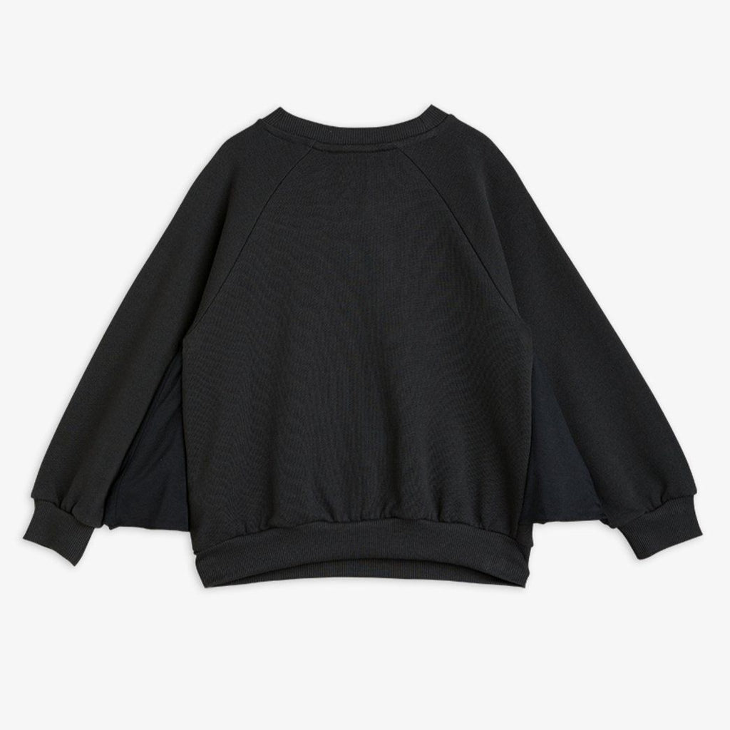 Black cotton Bat sweatshirt | bat sleeves with ribbing around wrist and waist | embroidered bat face on chest |  back of shirt