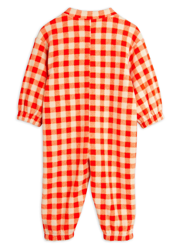 Red and ecru gingham check fleece baby playsuit, snap close in front, elastic wrist and ankles, roomy and soft | back of suit