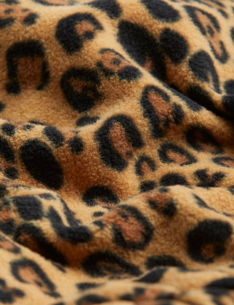 Kids Leopard Fleece Jacket | Zip up | elastic at wrist and waist | Standup collar | 100% recycled polyester | fabric closeup