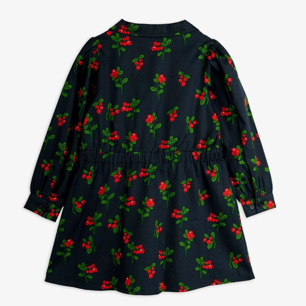 Black dress with all-over lingonberry print in rec/blue | long sleeves | wide elastic waist | 3-button front | back