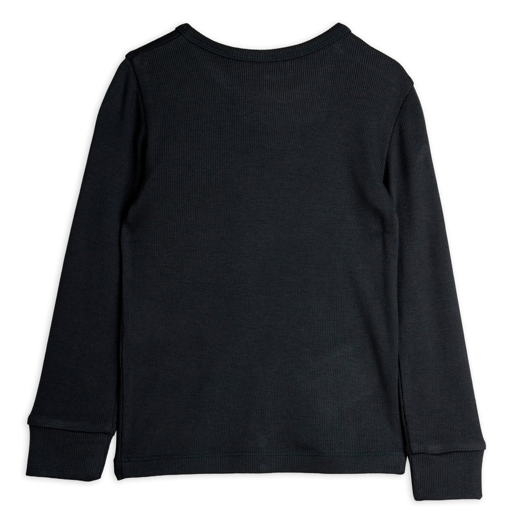 Black Tee by Mini Rodini made with very soft modal fabric, long sleeves ribbed at wrist, snap buttons at shoulder, back of shirt