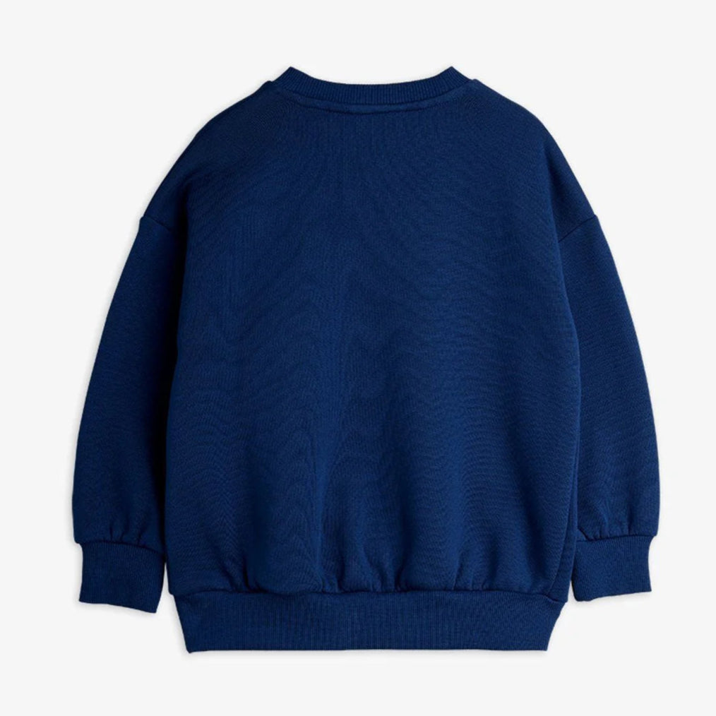 Mini Rodini Satin Dinosaur Sweatshirt | dark navy | ribbed at neck, wrist, waist | superb quality | Kids sizes | back of top