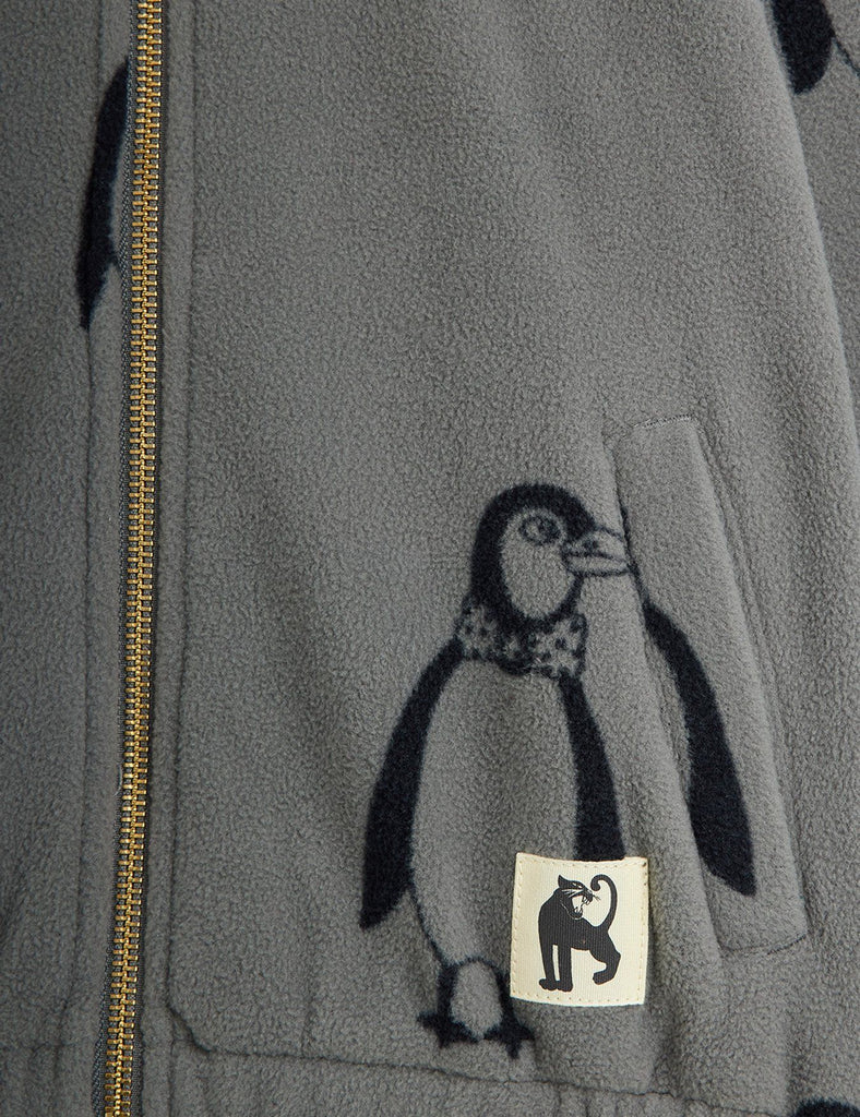 Mini Rodini penguin print gray fleece zip up jacket | elasticized wrist & waist | pocket close-up