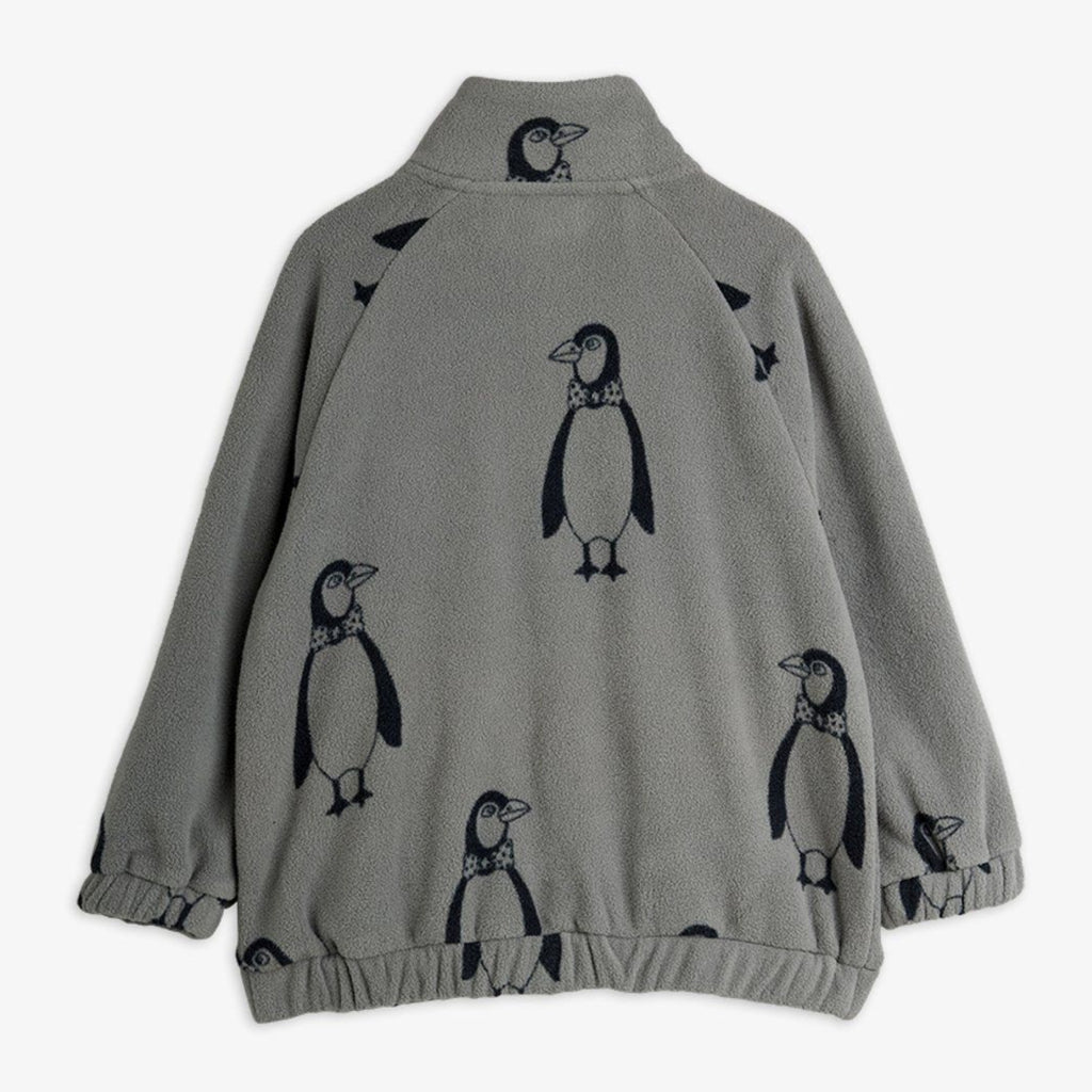 Mini Rodini penguin print gray fleece zip up jacket | elasticized wrist & waist | stand  up collar | back