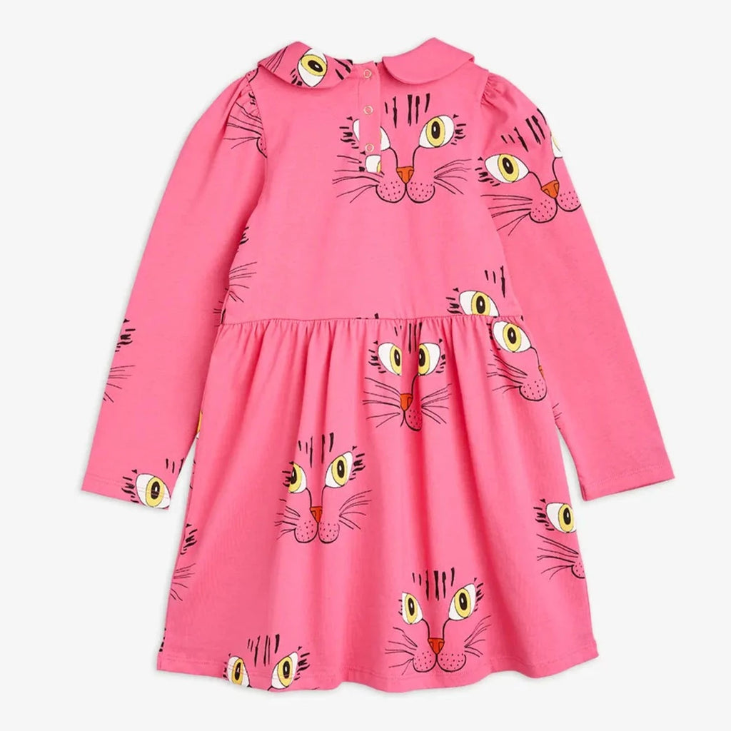 Mini Rodini Cat Face Print Cotton Long Sleeve Dress | Pink | Gathered at Waist |  Knee Length | Collar w/Snap Close at Back - back of dress