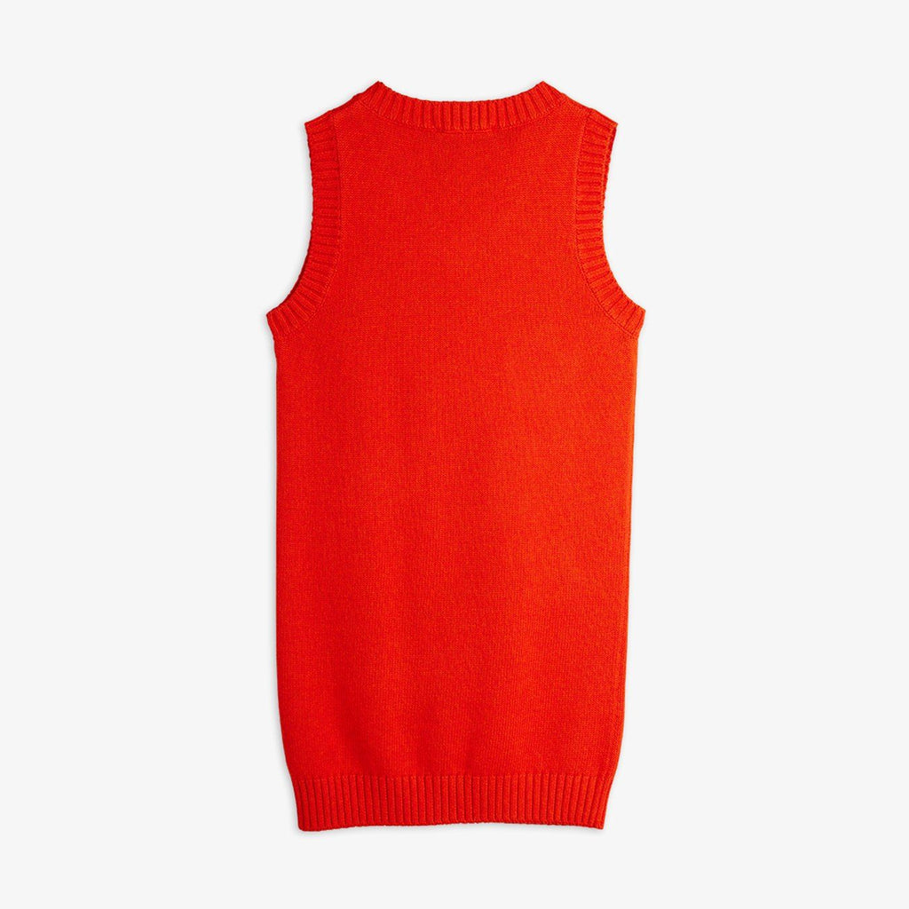 Red knit  sweater dress for girls | mini rodini | wool flowers on front | sleeveless | v-neck | back of dress