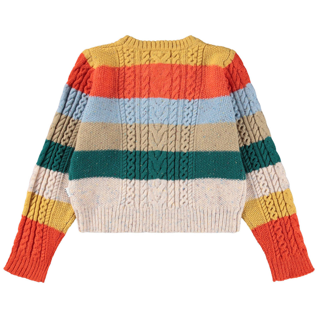 Colorful all wool striped sweater with a cable knit pattern | slightly cropped length | cold wash, lay dry | mustard, orane,baby blue, forest green and ecru stripes | back of sweater