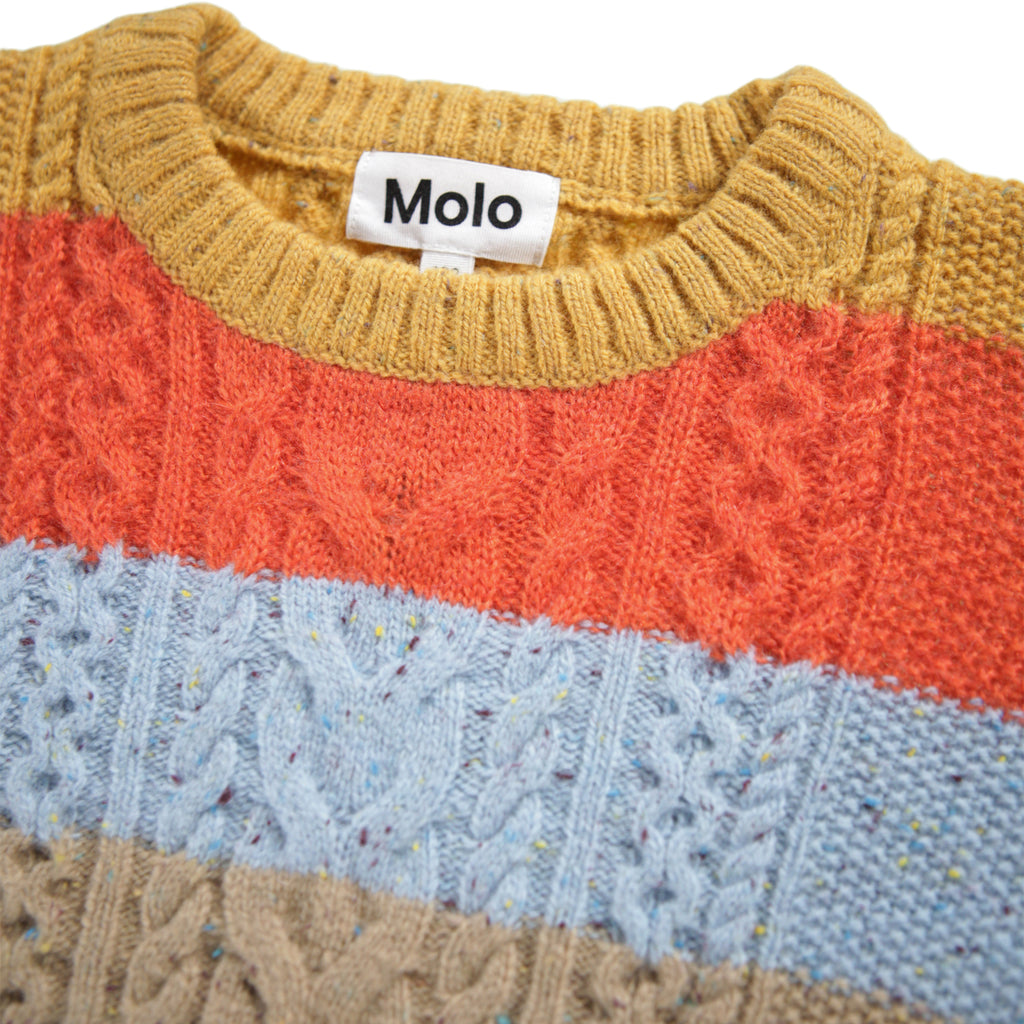 Colorful all wool striped sweater with a cable knit pattern | slightly cropped length | cold wash, lay dry | mustard, orane,baby blue, forest green and ecru stripes | closeup