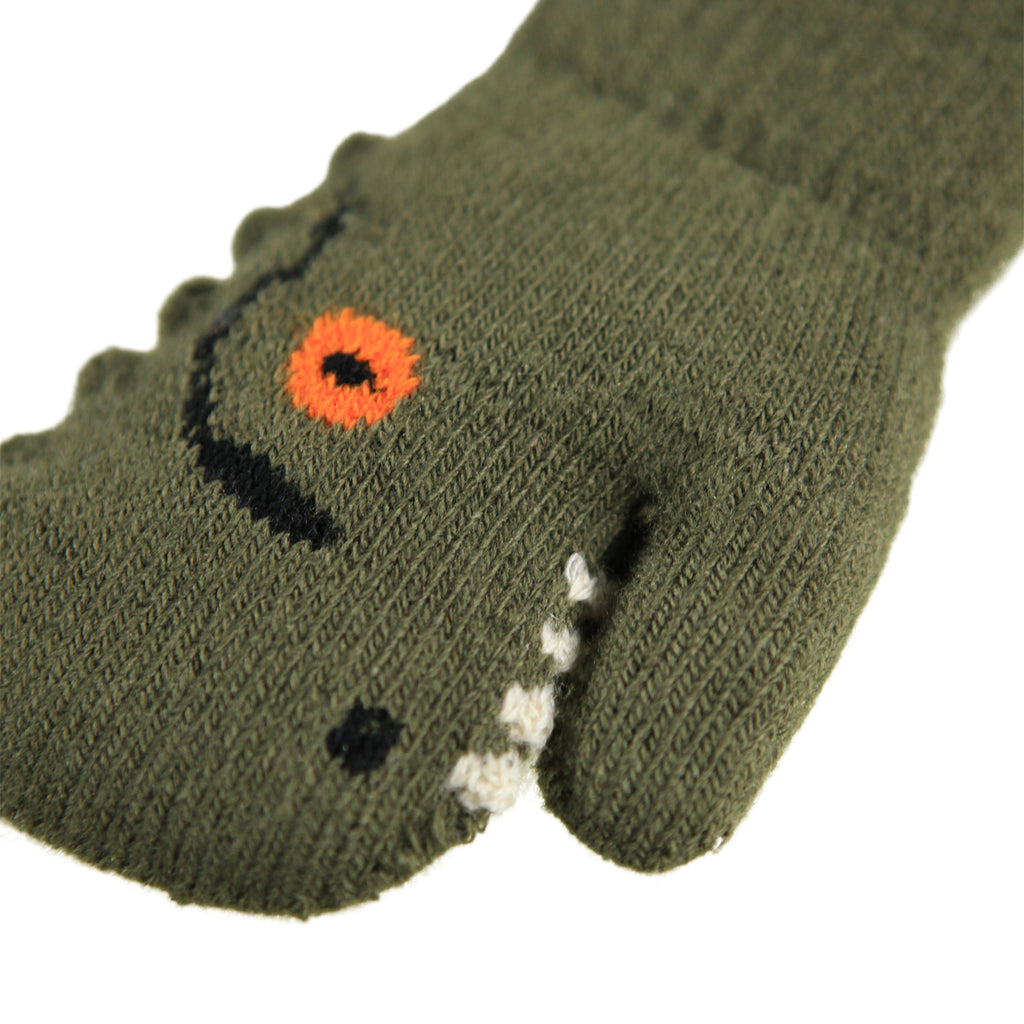 Molo recycled nylon mittens. 2 sizes: 1/2 yr or 3/5 yr, dinosaur face design. fleece lined for warmth. Closeup
