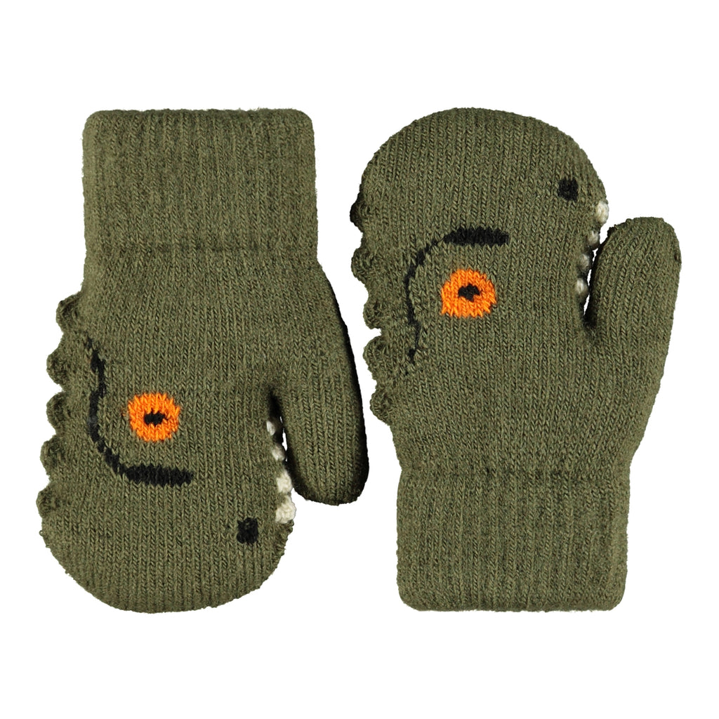 Molo recycled nylon mittens. 2 sizes: 1/2 yr or 3/5 yr, dinosaur face design. fleece lined for warmth
