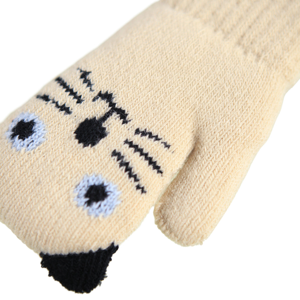 Molo recycled nylon mittens. 2 sizes: 1/2 yr or 3/5 yr, cat face design. fleece lined for warmth. closeup