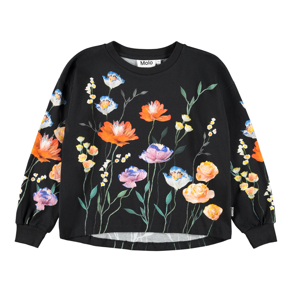 Black floral long sleeve tee | digital flower print | binding at wrist | beautiful summer flowers | front of shirt