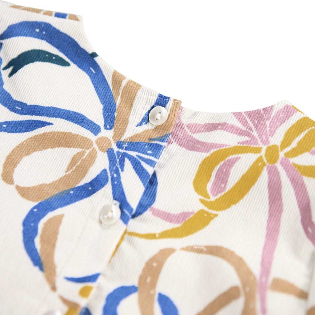 Organic Cotton velvet dress with ribbon print | off-white with blue, pink, gold ribbons | elastic at wrists | button clost in back | full skirt | empire waistline | neckline closeup
