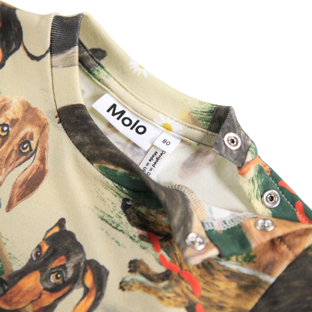 Playful dashchunds playing cover this long sleeve cotton tee | banded at wrist | neck close up
