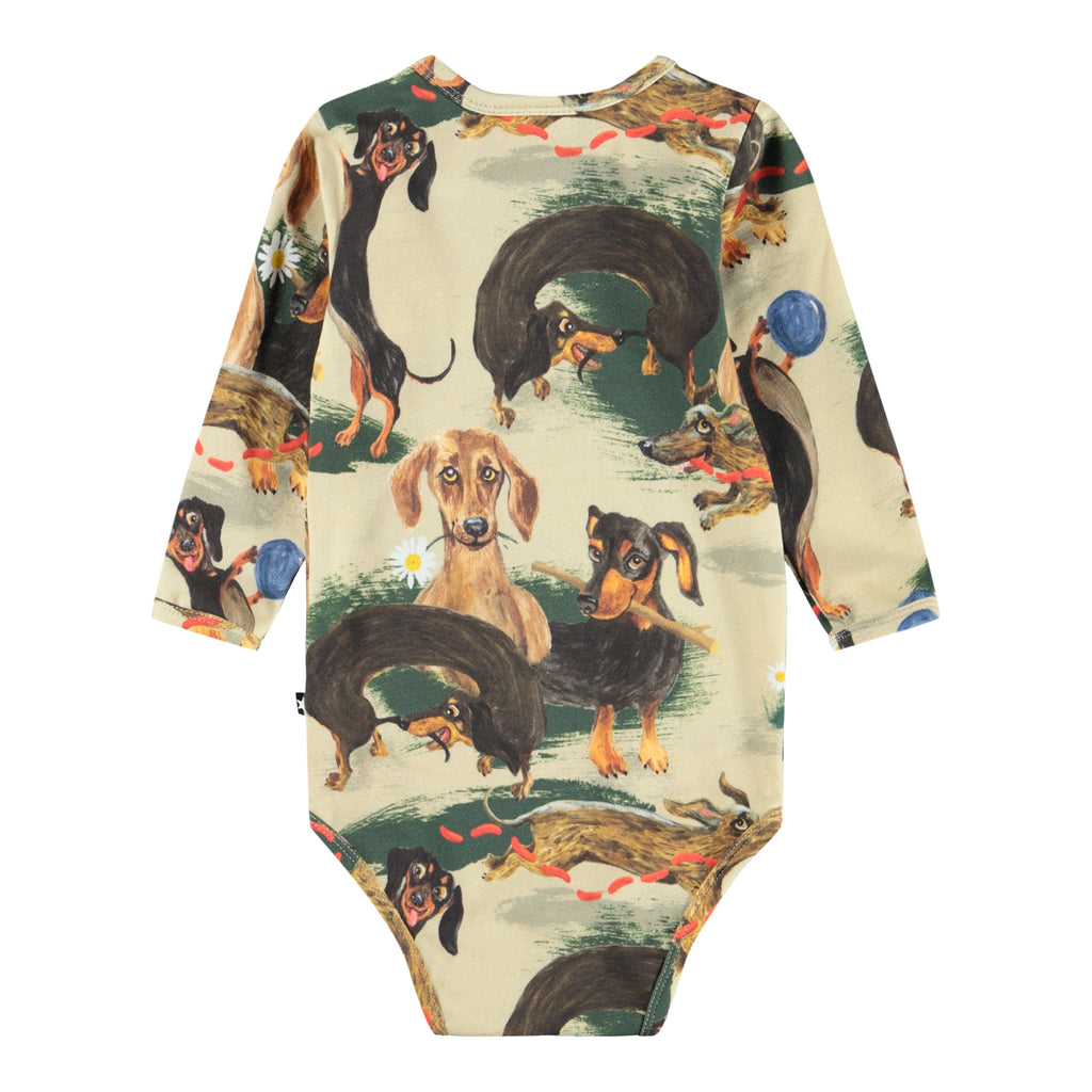 Long Sleeve organic cotton infant onesie | dachshund print | snap close at neck and legs | fun print for baby | Infant sizes to 12 months | back of onesie