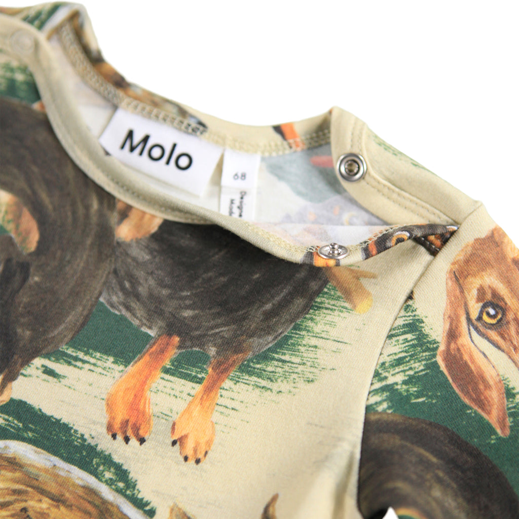 Long Sleeve organic cotton infant onesie | dachshund print | snap close at neck and legs | fun print for baby | Infant sizes to 12 months | neck snaps