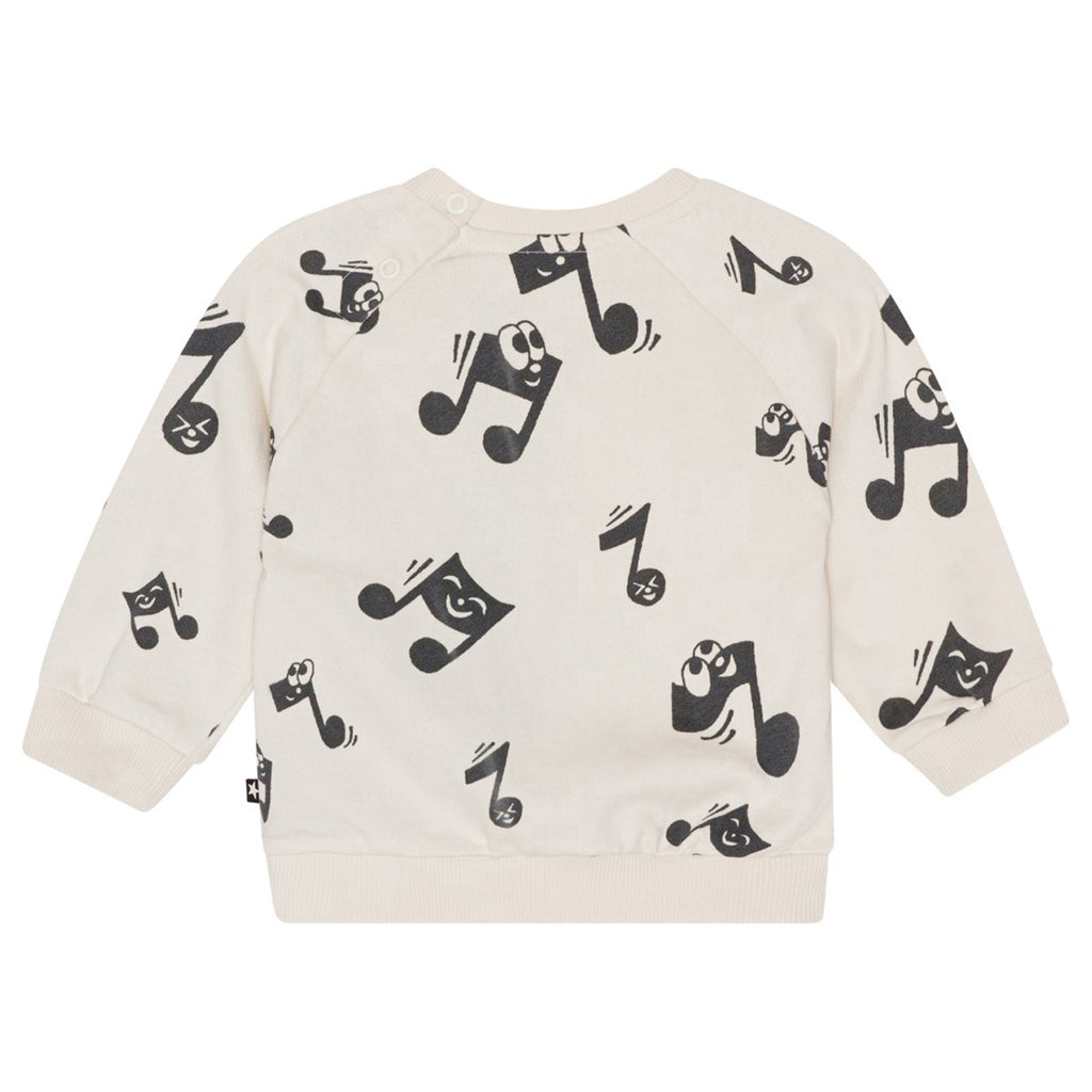 Infant/Toddler Musical Notes Sweatshirt | Organic Cotton | Sizes 6m-4y | Off-white | ribbed wrist & waist- back