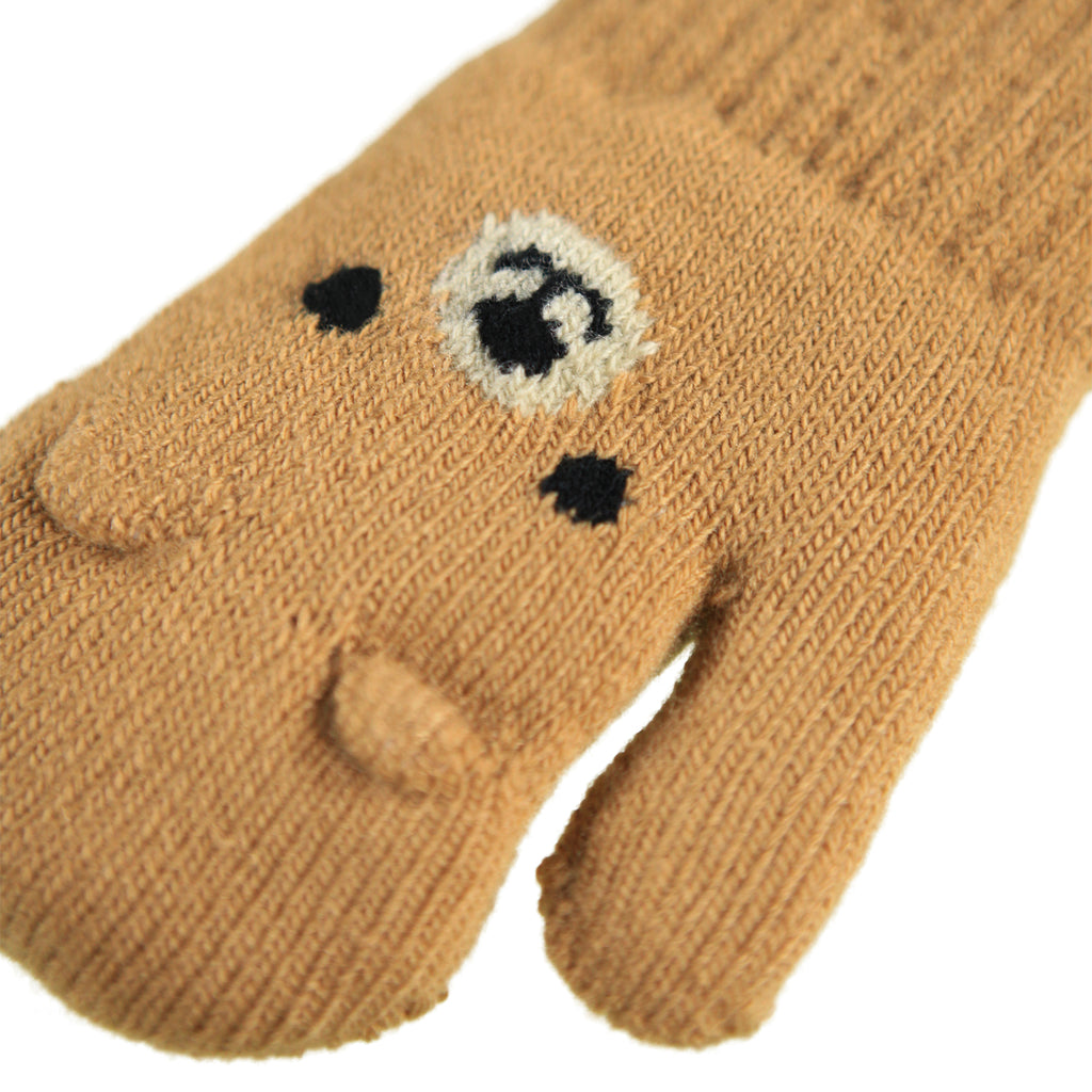 Molo recycled nylon mittens. 2 sizes: 1/2 yr or /5 yr, pomeranian dog face. fleece lined for warmth. closeup