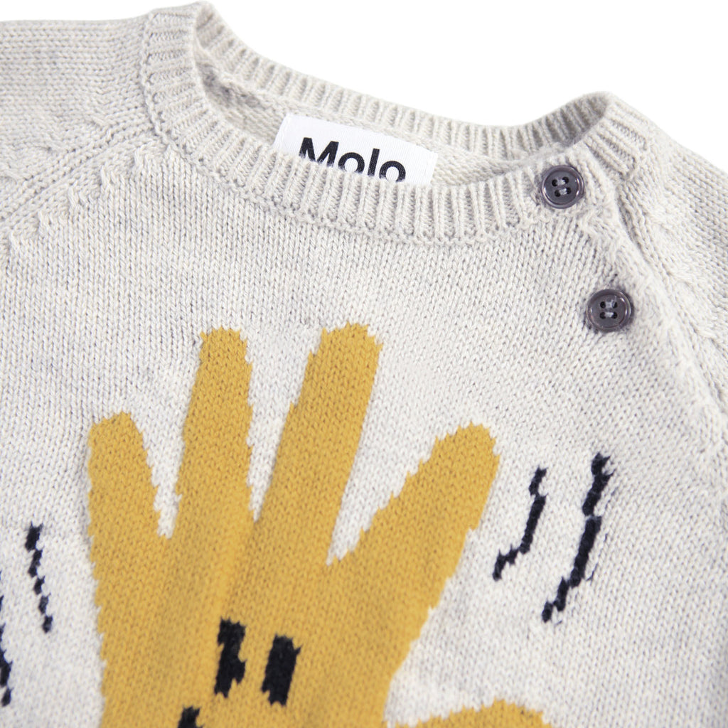 cotton/wool blend sweater | light grey with yellow handprint happy face of front  waving 'hi' | ribbed at wrist and waist | 2 button close at neck | closeup pic