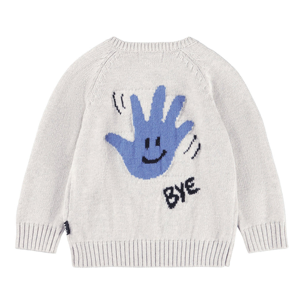 cotton/wool blend sweater | light grey with yellow handprint happy face of back waving 'bye' | ribbed at wrist and waist | 2 button close at neck | back pic