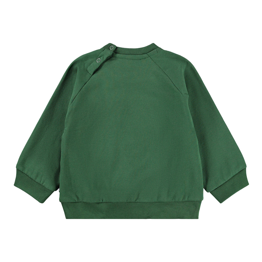 Kids pine green sweatshirt with White Smiley Face | snaps at neck | 3 month to Toddler 4 | banded at wrist & waist | relaxed fit | raglan sleeves | back of sweatshirt | plain solid color