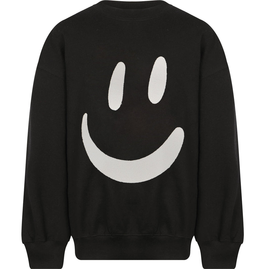 Molo Organic Cotton Sweatshirt | Black & White | Embroidered Happy Face Front Long Sleeve 