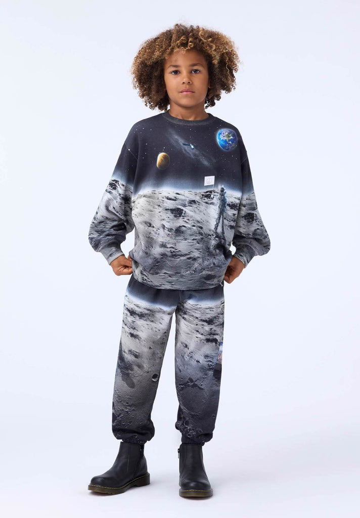 Molo Man on the Moon sweatshirt | beautiful digital print | sizes 2-10y | raglan sleeves| relaxed fit | has coordinating pants | view with pant