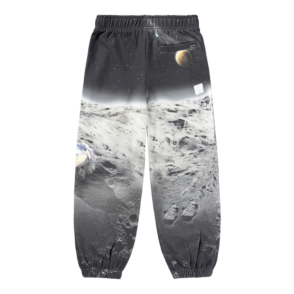 Organic cotton sweatpants with moon landing scene | elastic waist | digital print | elastic at ankles | back of pant