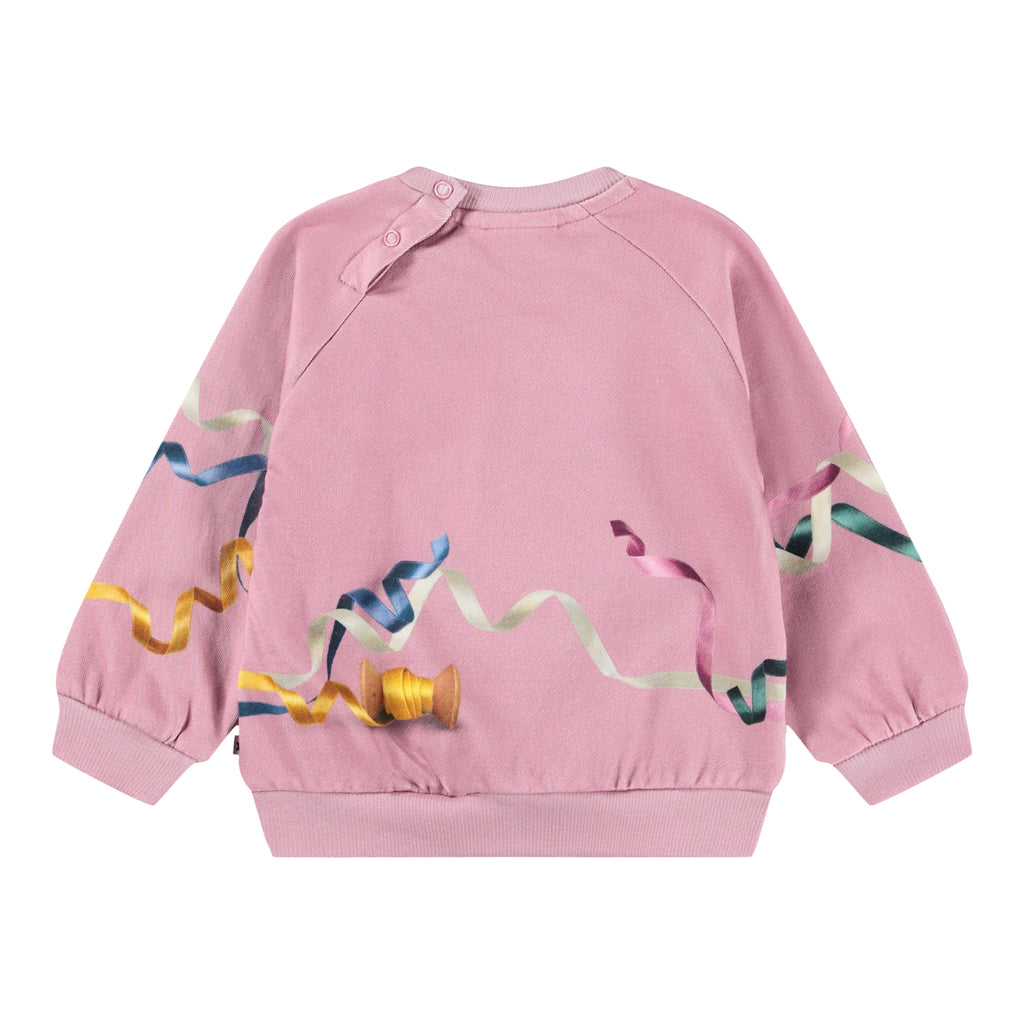 Pink organic cotton sweatshirt | digital print puppies and bows | ribbing at neck/wrist/waist | snap close a back of neck | back of shirt 