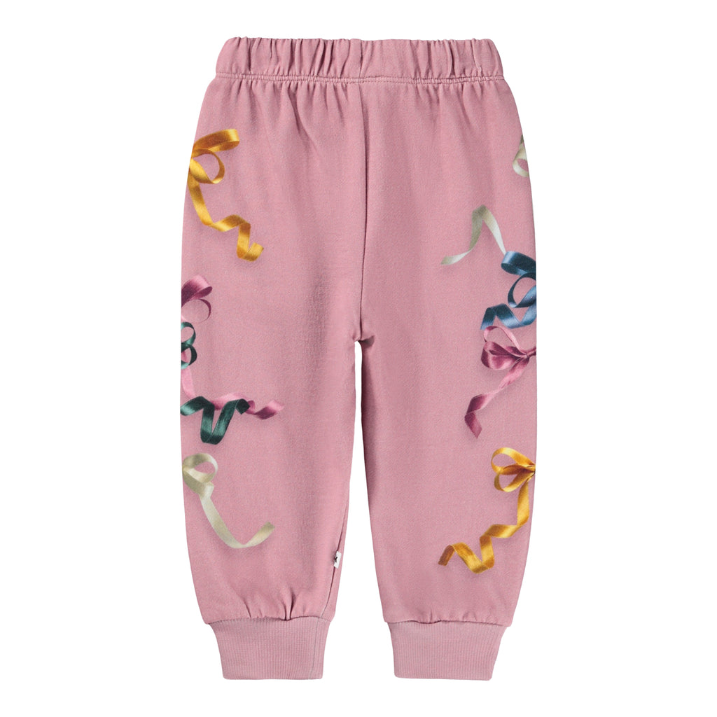 Organic Cotton ribbon print sweatpant | pink with blue, pink, gold ribbons | elastic waist| w/drawstring  | ribbed at ankles | back of pant