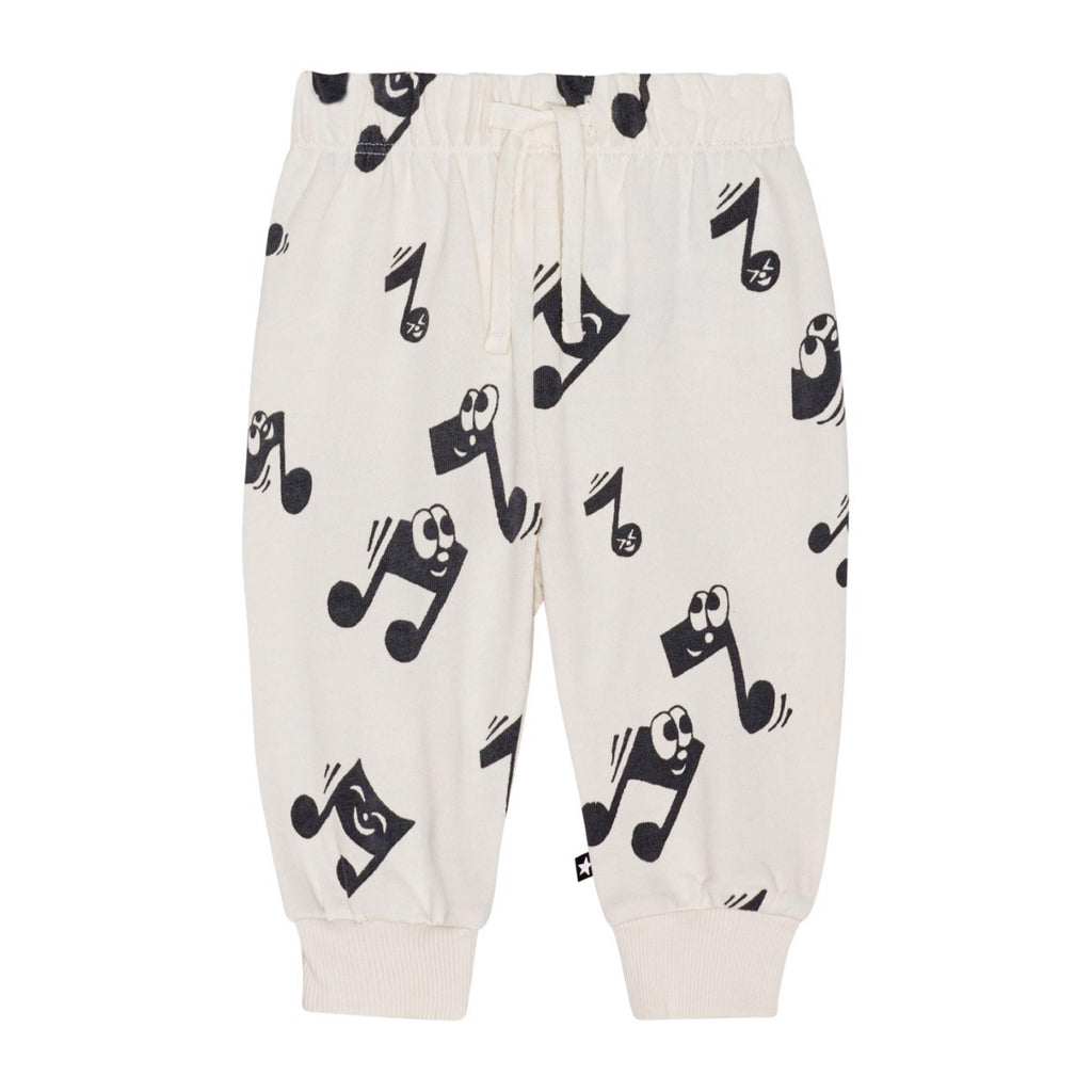 Infant/Toddler Musical Notes Sweatpant | Organic Cotton | Sizes 6m-4y | Off-white | elastic waist/ribbed ankles | working drawstring - front of pant 