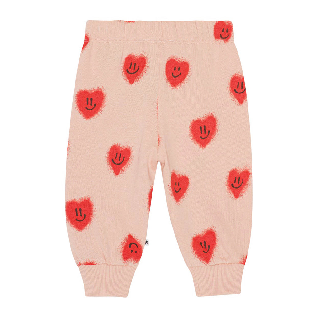 Happy Hearts Organic Cotton Sweatpant | Sizes 3m-4y | Elastic & drawstring pant | Ribbed at ankles | Red Hearts on pink - back