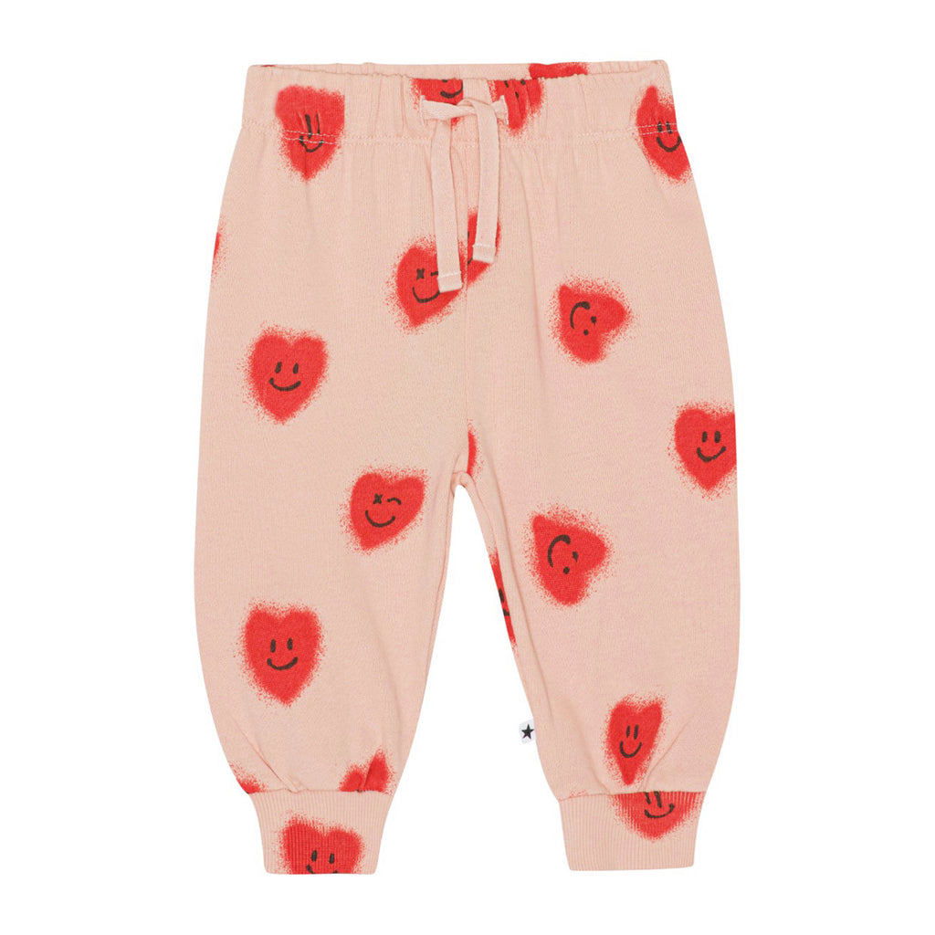 Happy Hearts Organic Cotton Sweatpant | Sizes 3m-4y | Elastic & drawstring pant | Ribbed at ankles | Red Hearts on pink - front