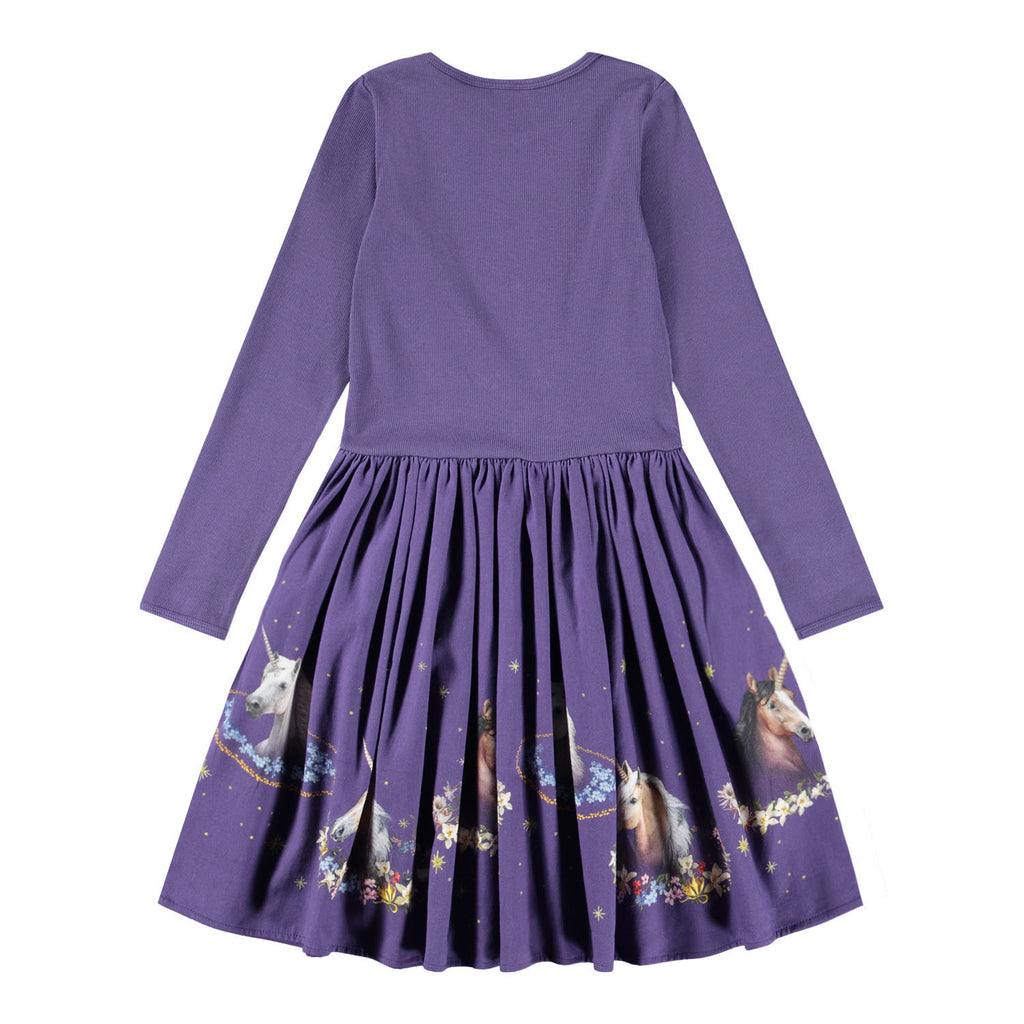 Beautiful plum dress with ribbed jersey top | long sleeves| full skirt of cotton flannel for warmth | twirl skirt | unicorn digital print | back of dress
